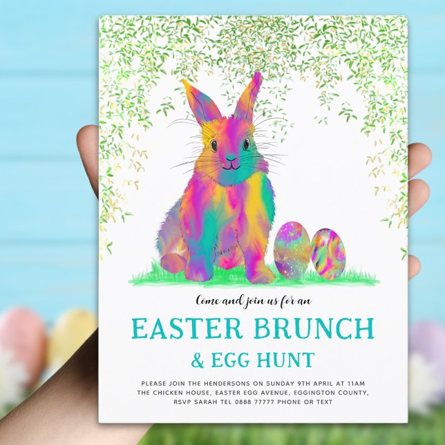 Invitation Carte Postale Chasse aux oeufs de lapin de Pâques et Brunch Turq (Easter brunch and egg hunt invitation with colorful watercolor bunny and eggs and eucalyptus foliage)