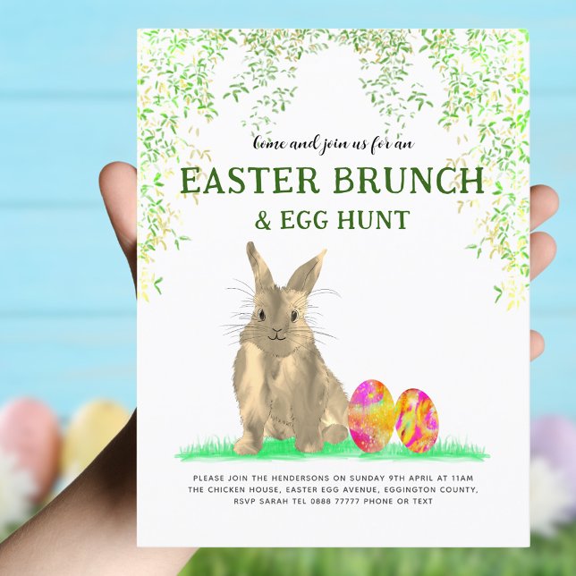 Invitation Carte Postale Chasse aux oeufs de lapin de Pâques et budget Brun (Easter brunch and egg hunt watercolor cute Easter bunny and eggs invitation )