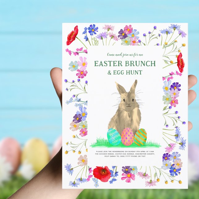 Invitation Carte Postale Chasse aux oeufs de Pâques et Brunch Bunny Boho Fl (Easter brunch and egg hunt colorful wildflowers and Easter bunny invitation )