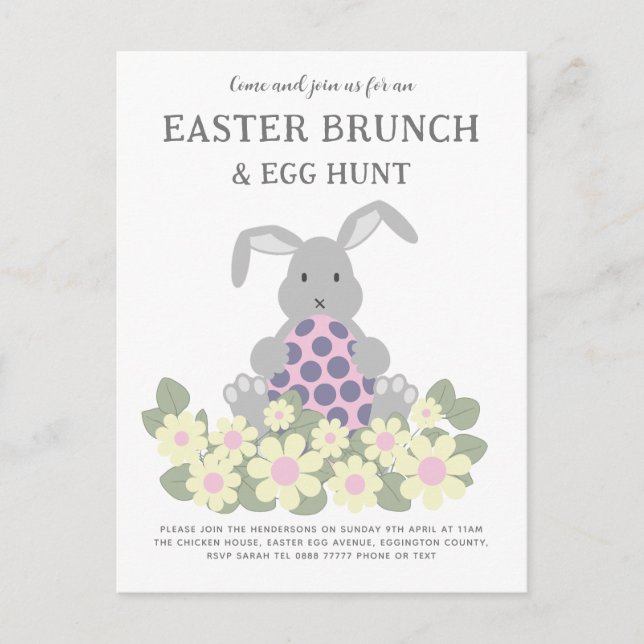 Invitation Carte Postale Chasse aux oeufs de Pâques et Brunch Bunny Floral (Devant)