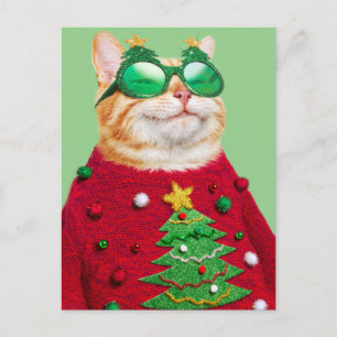 Invitation Carte Postale Chat dans un hideux pull de Noël