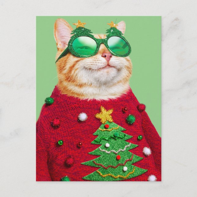 Invitation Carte Postale Chat dans un pull de Noël moche (Devant)