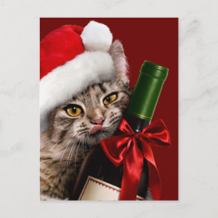 Invitation Carte Postale Chat de Noël avec bouteille de vin