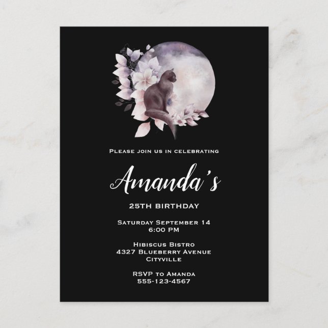 Invitation Carte Postale Chat noir devant une fête d'anniversaire de pleine (Devant)