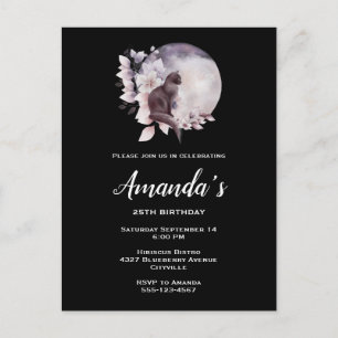Invitation Carte Postale Chat noir devant une Pleine lune magique Anniversa
