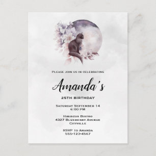 Invitation Carte Postale Chat noir devant une Pleine lune magique Anniversa