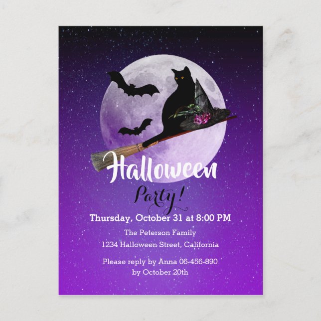 Invitation Carte Postale Chat noir d'Halloween sur Broom Pleine lune Party (Devant)