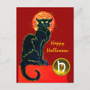 INVITATION CARTE POSTALE CHAT NOIR HALLOWEEN PARTY MONOGRAM