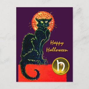 INVITATION CARTE POSTALE CHAT NOIR HALLOWEEN PARTY MONOGRAM