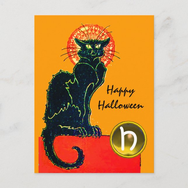 INVITATION CARTE POSTALE CHAT NOIR HALLOWEEN PARTY MONOGRAM (Devant)