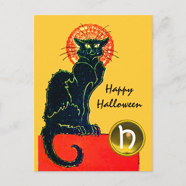 INVITATION CARTE POSTALE CHAT NOIR HALLOWEEN PARTY MONOGRAM (Devant)