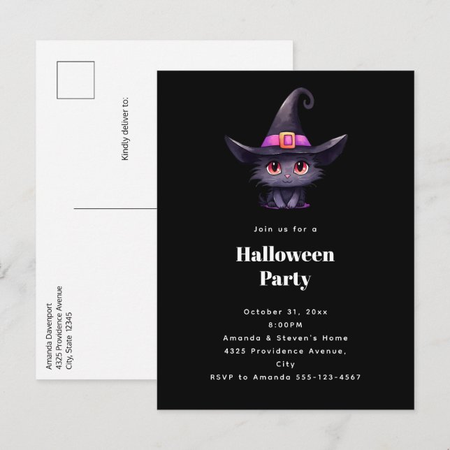Invitation Carte Postale Chat noir mignon dans une fête d'Halloween Casquet (Devant / Derrière)