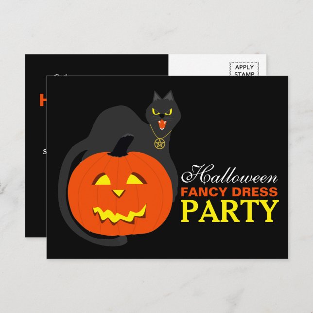 Invitation Carte Postale Chat sur Citrouille Halloween Fancy Dress Party In (Devant / Derrière)