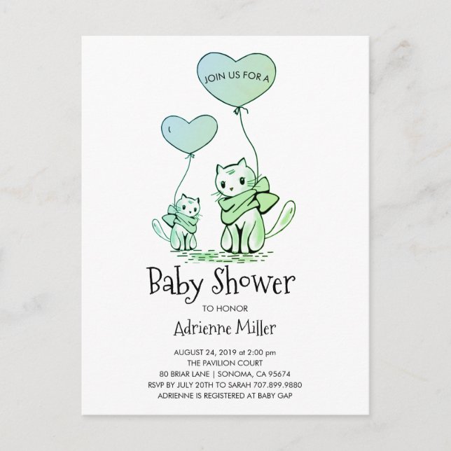 Invitation Carte Postale Chatons et ballons en Whimsical Baby shower pour g (Devant)