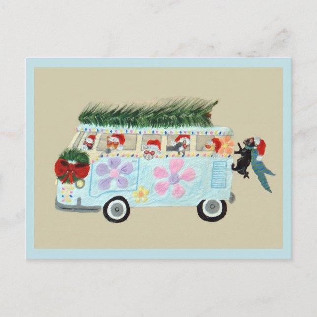 Invitation Carte Postale Chats fous dans leur van hippie de Noël (Devant)