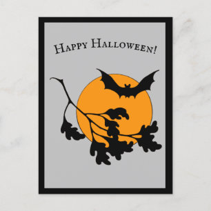 Invitation Carte Postale Chauve-souris vintage d'Halloween orange lune