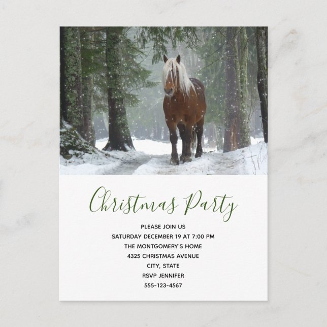 Invitation Carte Postale Cheval Brown dans une fête de Noël en forêt d'hive (Devant)