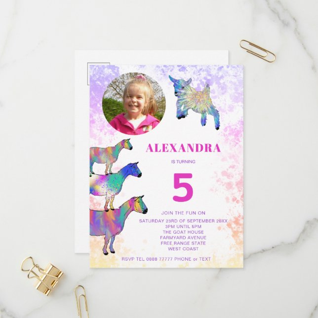 Invitation Carte Postale Chèvres colorées 5ème anniversaire Photo rose (Devant/Arrière en situation)