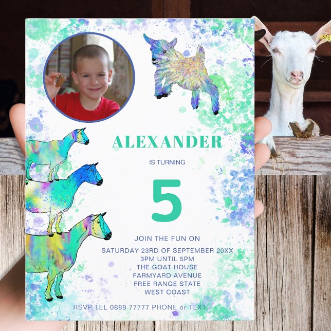 Invitation Carte Postale Chèvres Farm Animal Art 5e anniversaire Photo Budg (Cute goats farm animal 5th birthday party budget invitation photo template colorful watercolor art)