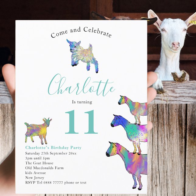 Invitation Carte Postale Chèvres Ferme Animal Aquarelle Budget de fête d'an (Cute goats colorful farm animal watercolor art 11th birthday party budget invitation postcard)
