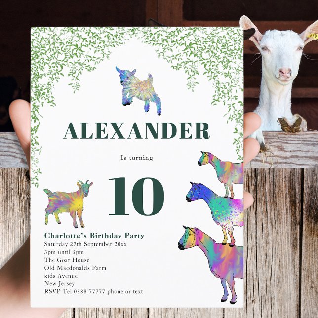 Invitation Carte Postale Chèvres Thématique fête d'anniversaire (Goat themed 10th birthday party invitation colorful farm animal watercolor art)