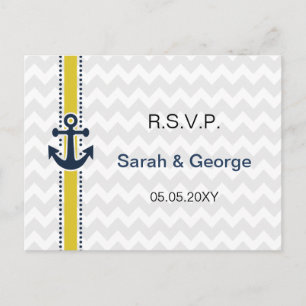 Invitation Carte Postale chevron rayures, ancre, mariage nautique rsvp