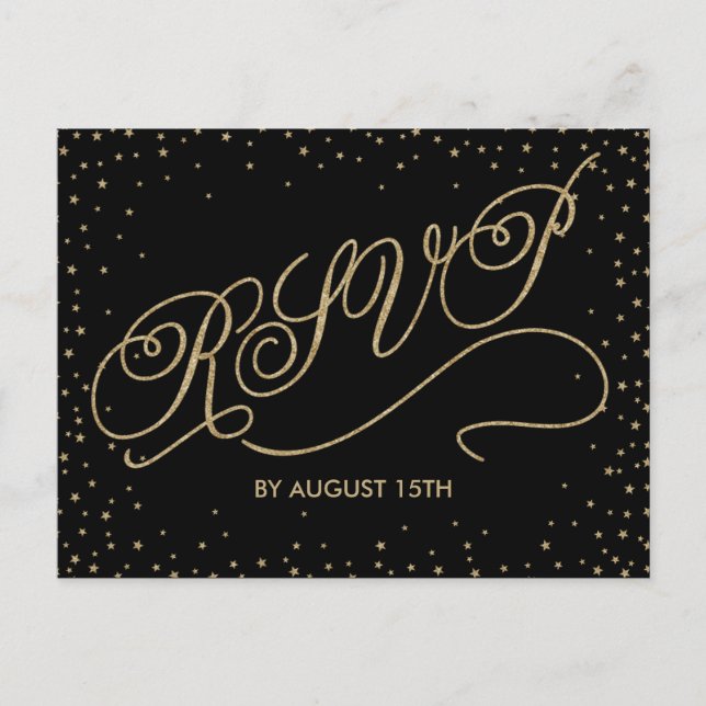 Invitation Carte Postale Chic Black & Gold Parties scintillant Stars RSVP C (Devant)