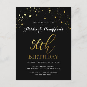Invitation Carte Postale Chic Black & Gold Star Confetti 50e anniversaire