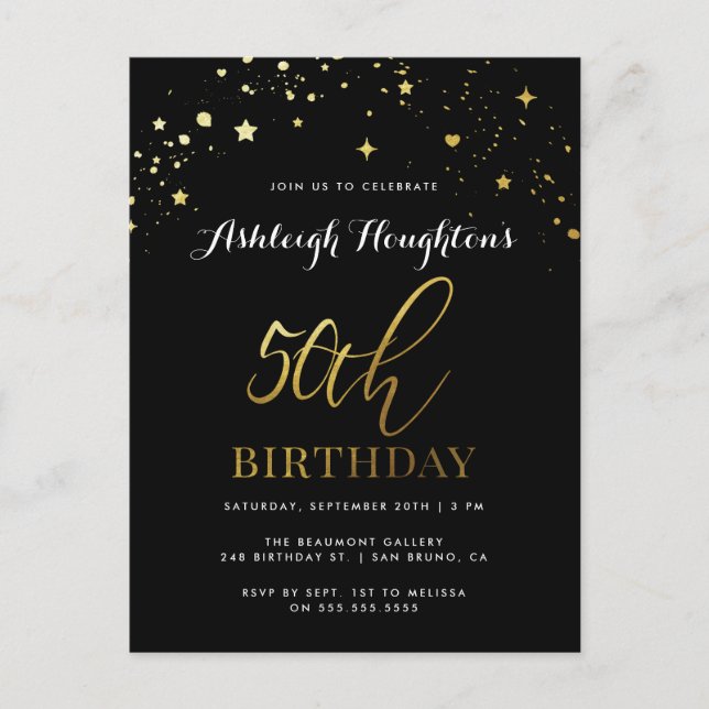 Invitation Carte Postale Chic Black & Gold Star Confetti 50e anniversaire (Devant)