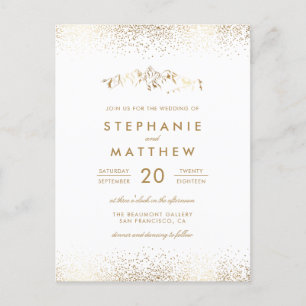 Invitation Carte Postale Chic blanc & or Mariage de montagne Confetti