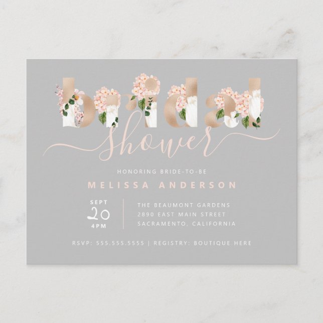 Invitation Carte Postale Chic Blush & Gold Floral Typographie Fête des mari (Devant)