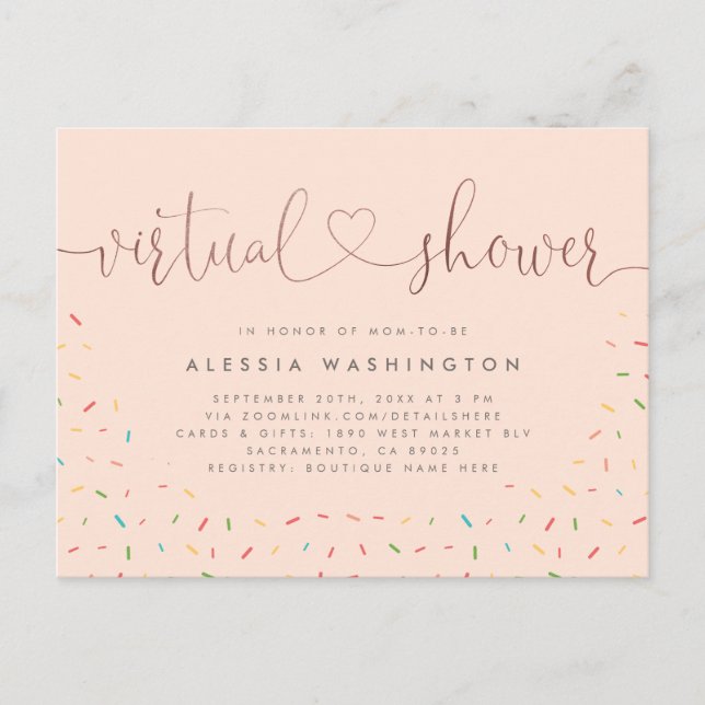 Invitation Carte Postale Chic Blush & Rose Gold Calligraphie Douche virtuel (Devant)