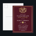 Invitation Carte Postale Chic Bourgogne Rouge & Or Masquerade Sweet 16 Part<br><div class="desc">Chic Burgundy Rouge & Or Masquerade Sweet 16 Party Postcard Invitations. Doté d'un faux masque en feuille d'or au sommet contre un arrière - plan rouge bordeaux. Parfait pour une fête de 16 ans moderne et classe !</div>