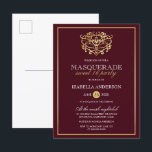 Invitation Carte Postale Chic Bourgogne Rouge & Or Masquerade Sweet 16 Part<br><div class="desc">Chic Burgundy Rouge & Or Masquerade Sweet 16 Party Postcard Invitations. Doté d'un faux masque en feuille d'or au sommet contre un arrière - plan rouge bordeaux. Parfait pour une fête de 16 ans moderne et classe !</div>