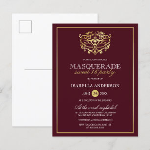 Invitation Carte Postale Chic Bourgogne Rouge & Or Masquerade Sweet 16 Part