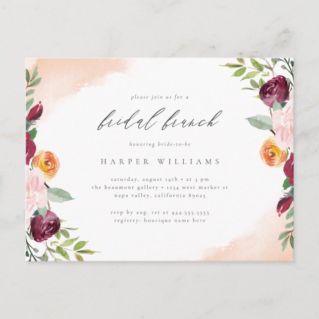 Invitation Carte Postale Chic Burgundy Blush Floral Bridal Brunch (Devant)