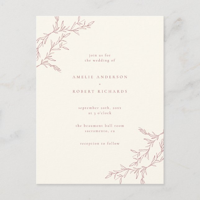 Invitation Carte Postale Chic Crème Minimale et Mariage de Foliage Rouge Mu (Devant)