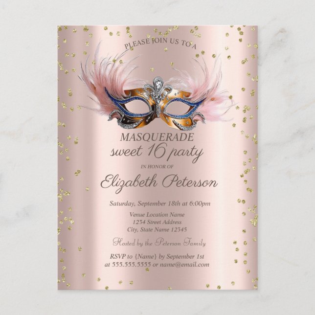Invitation Carte Postale Chic Diamonds Rose Gold Masquerade Sweet 16   (Devant)