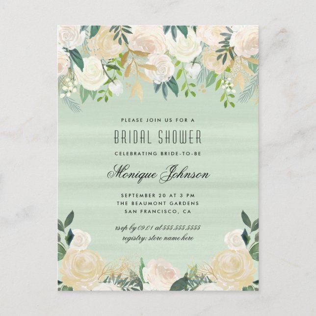 Invitation Carte Postale Chic Fleurs Aquarelle Douche de Mariée (Devant)