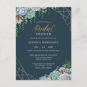 Invitation Carte Postale Chic Gold Frame & Script Succulents Fête de l'mari