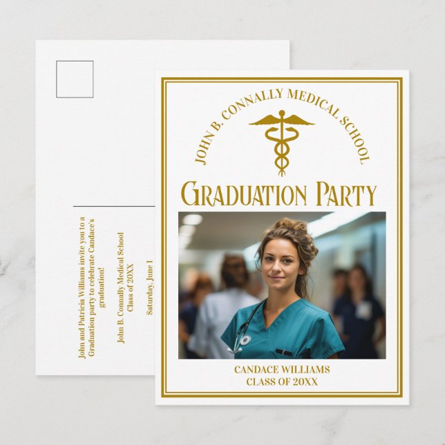 Invitation Carte Postale Chic Gold Médicale School Graduation Photo Party (Devant / Derrière)
