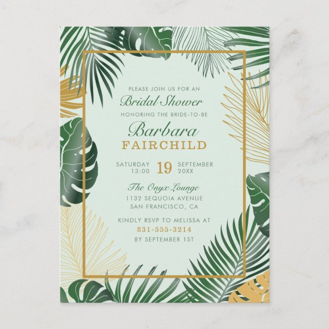 Invitation Carte Postale Chic Green Tropical Feuilles Fête des mariées tend (Devant)