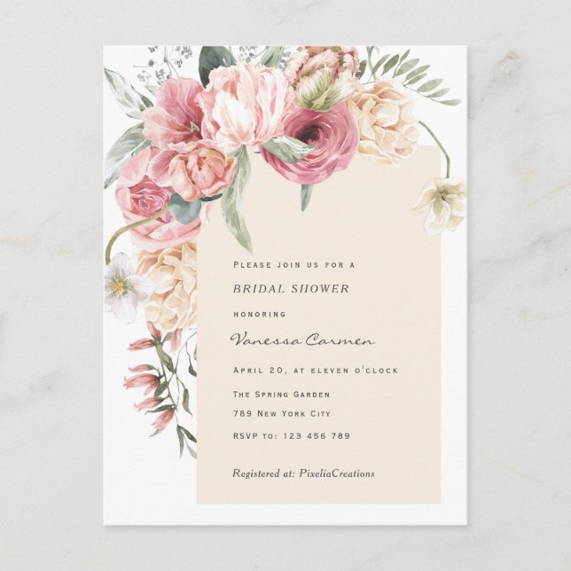 Invitation Carte Postale Chic jardin thème aquarelle fleurie douche nuptial (Devant)