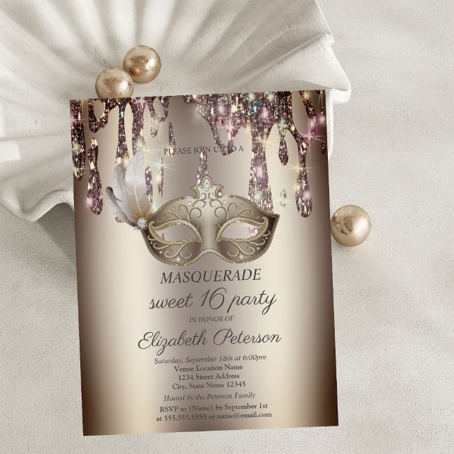 Invitation Carte Postale Chic Masque Or, Déchets, Masquerade Sweet 16 (Créateur téléchargé)
