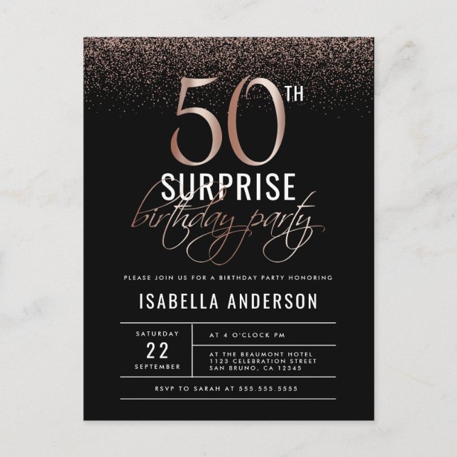 Invitation Carte Postale Chic Rose Gold 50th Surprise Anniversaire Party (Devant)