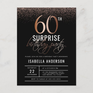 Invitation Carte Postale Chic Rose Gold 60th Surprise Anniversaire Party