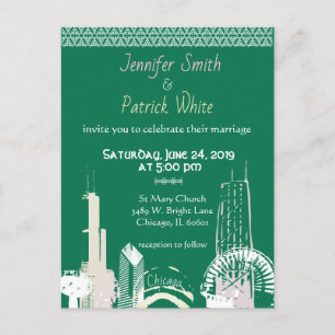 Invitation Carte Postale Chicago Skyline vert et mariage pastel
