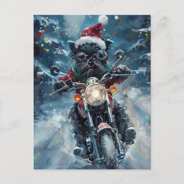 Invitation Carte Postale Chien Affenpinscher en moto pour Noël (Devant)