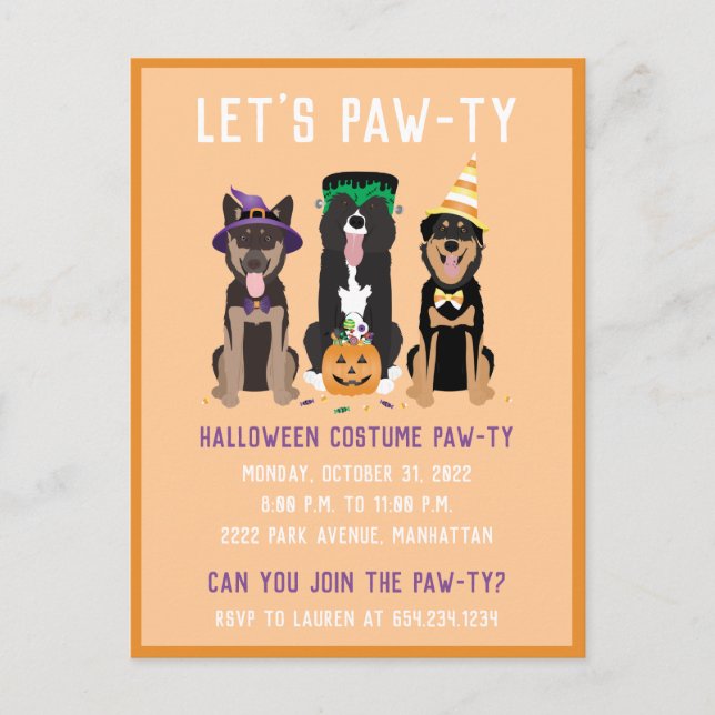 Invitation Carte Postale Chiens pawty costumés Halloween (Devant)