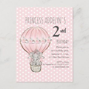 Invitation Carte Postale Chiffre de ballon rose princesse Eléphant 2e anniv